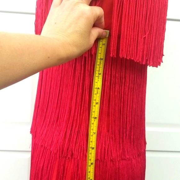 ❤💃 Aidan Mattox Red Fringe Embellished High Neck Dress💃 - Picture 7 of 11